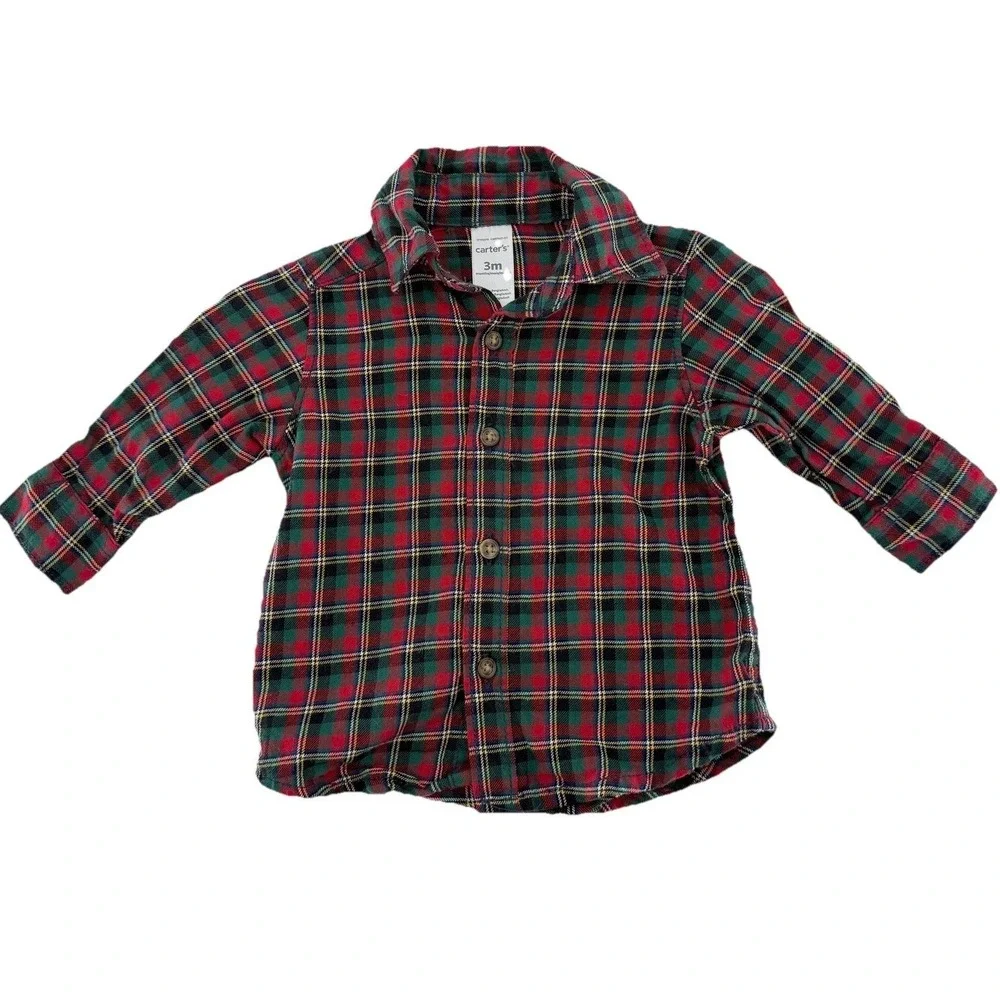 Carter's Baby Boy Red Plaid Button-Down Long Sleeve Shirt Size 3m Preppy Holiday